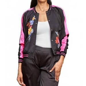NEW PAPARAZZI floral embroidered reversible satin baseball jacket in black combo